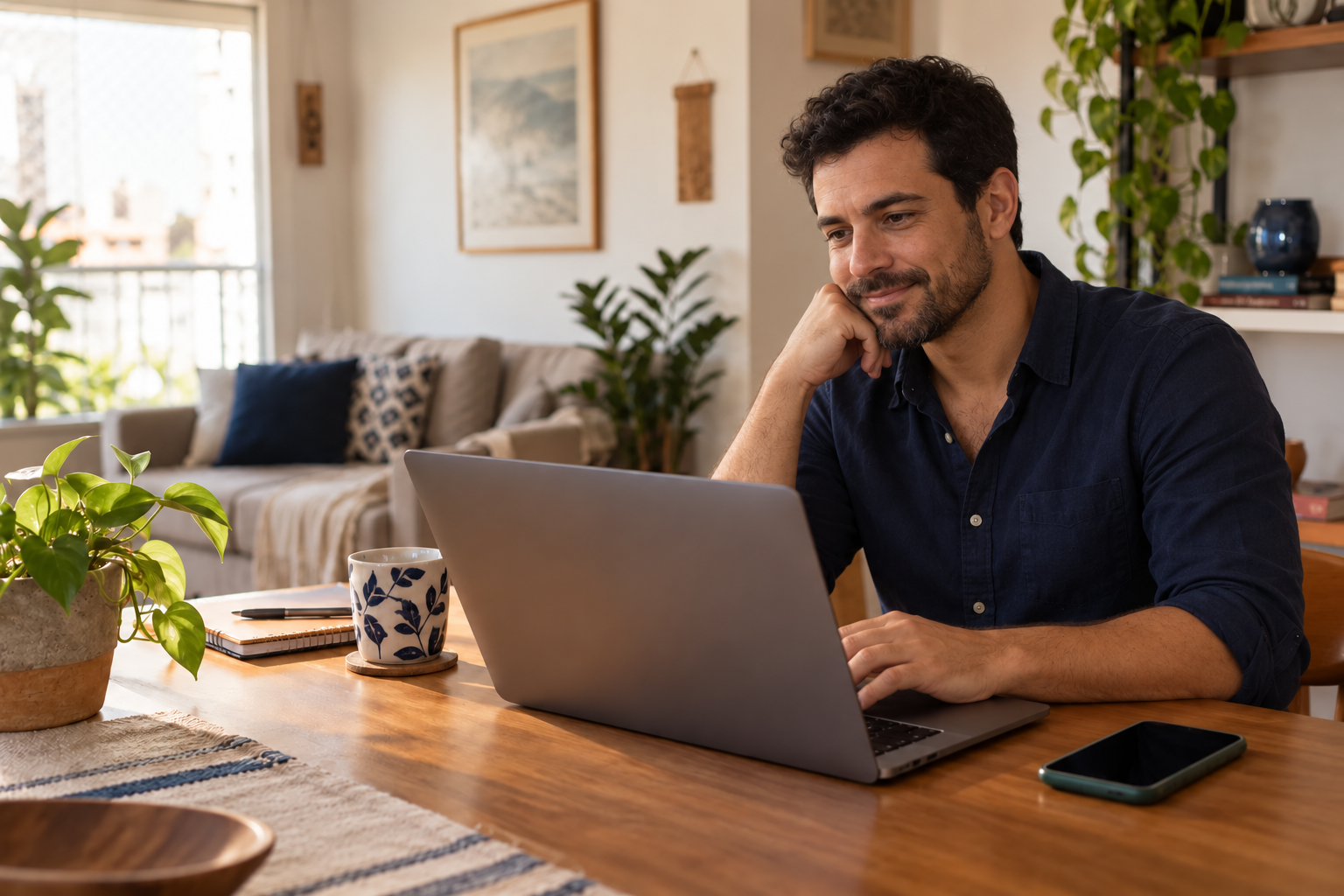 Homem usando notebook em casa